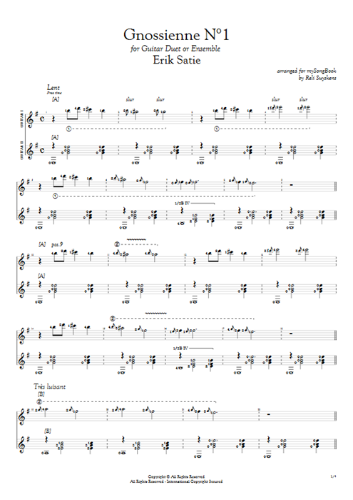Gnossienne N°1 Erik Satie guitar pro tab Full Score Guitar Duet mysongbook
